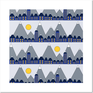 Blue houses in front of snowy mountains and the moon. Geometric shapes winter night. Blue yellow white and gray winter print. Winter village. Posters and Art